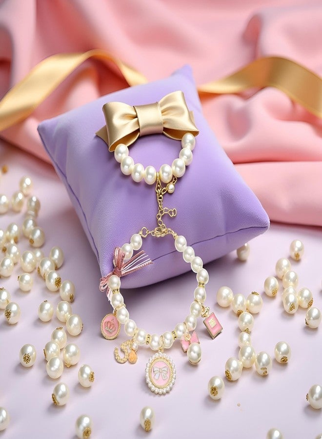 Tustao Pink Dog Pearl Collars Pet Necklace Princess Bow Necklace Sweet Bow Cute Collar Puppy Accessories Cat Jewelry Pearl Neck Strap Basic Collars for Dog Cat Adjustable Jewelry Collars(S) - Image 4
